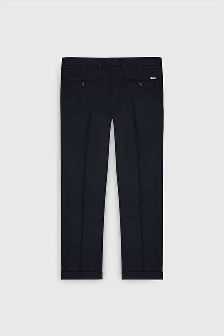 Slim Fit Dar Kesim Beli Gizli Lastikli Yan Cepli Desenli Klasik Lacivert Pantolon resmi