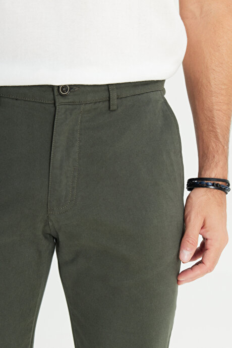 %100 Pamuk Comfort Fit Rahat Kesim Yan Cepli Haki Pantolon resmi