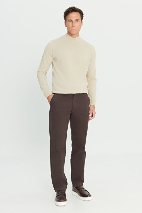 %100 Pamuk Comfort Fit Rahat Kesim Yan Cepli Kahverengi Pantolon resmi
