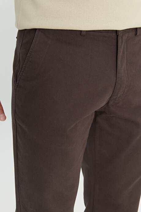 %100 Pamuk Comfort Fit Rahat Kesim Yan Cepli Kahverengi Pantolon resmi