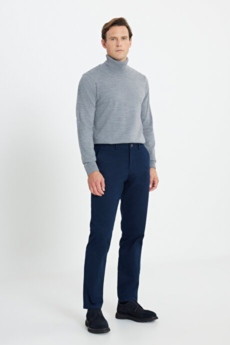 %100 Pamuk Comfort Fit Rahat Kesim Yan Cepli Lacivert Pantolon resmi