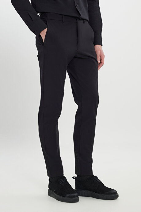 Slim Fit Dar Kesim Beli Bağlamalı Yan Cep Esnek Casual Siyah Pantolon resmi