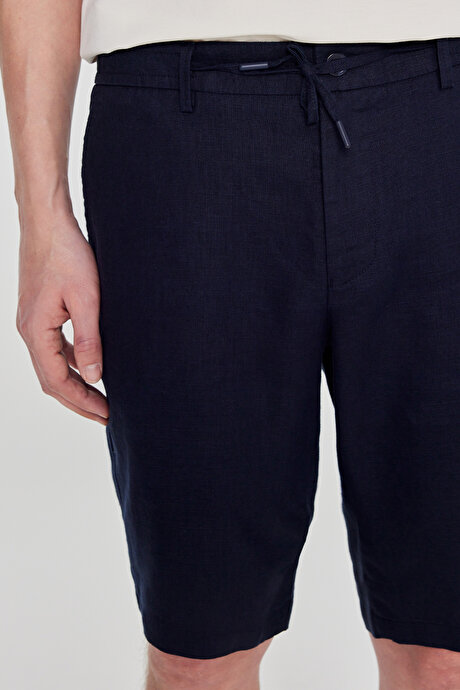 %100 Keten Jogger Slim Fit Dar Kesim Yan Cepli Beli Bağlamalı Lacivert Şort resmi