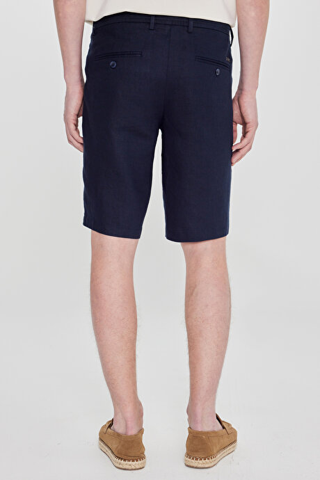 %100 Keten Jogger Slim Fit Dar Kesim Yan Cepli Beli Bağlamalı Lacivert Şort resmi
