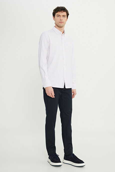 Pamuklu Comfort Fit Rahat Kesim Düğmeli Yaka Çizgili Bordo Gömlek resmi