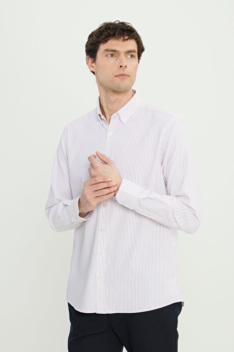 Pamuklu Comfort Fit Rahat Kesim Düğmeli Yaka Çizgili Bordo Gömlek resmi