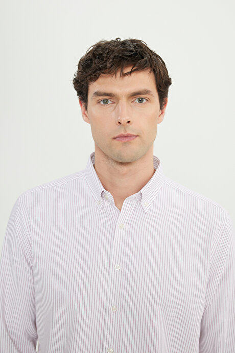 Pamuklu Comfort Fit Rahat Kesim Düğmeli Yaka Çizgili Bordo Gömlek resmi