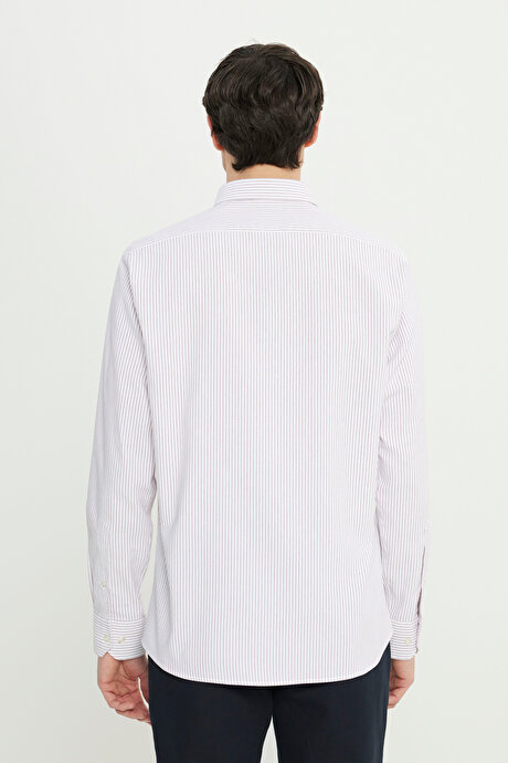 Pamuklu Comfort Fit Rahat Kesim Düğmeli Yaka Çizgili Bordo Gömlek resmi