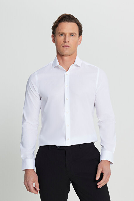 Flamlı Slim Fit Dar Kesim Düğmeli Yaka Beyaz Gömlek resmi