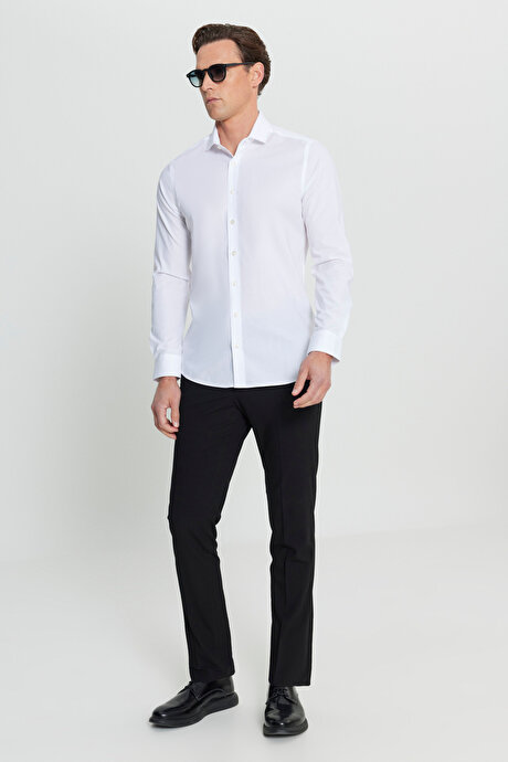 Flamlı Slim Fit Dar Kesim Düğmeli Yaka Beyaz Gömlek resmi