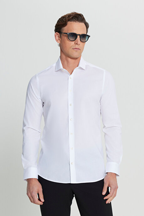 Flamlı Slim Fit Dar Kesim Düğmeli Yaka Beyaz Gömlek resmi