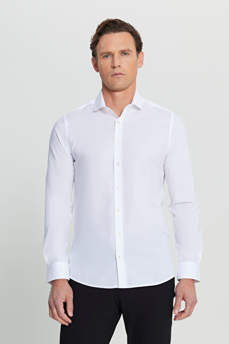 Flamlı Slim Fit Dar Kesim Düğmeli Yaka Beyaz Gömlek resmi