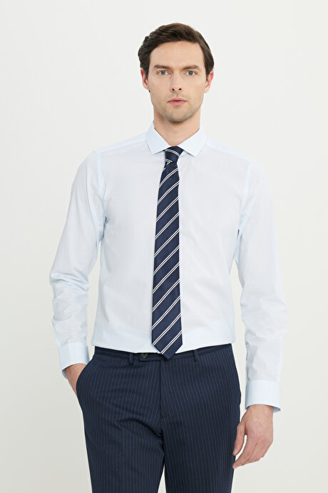 Flamlı Slim Fit Dar Kesim Düğmeli Yaka Mavi Gömlek resmi