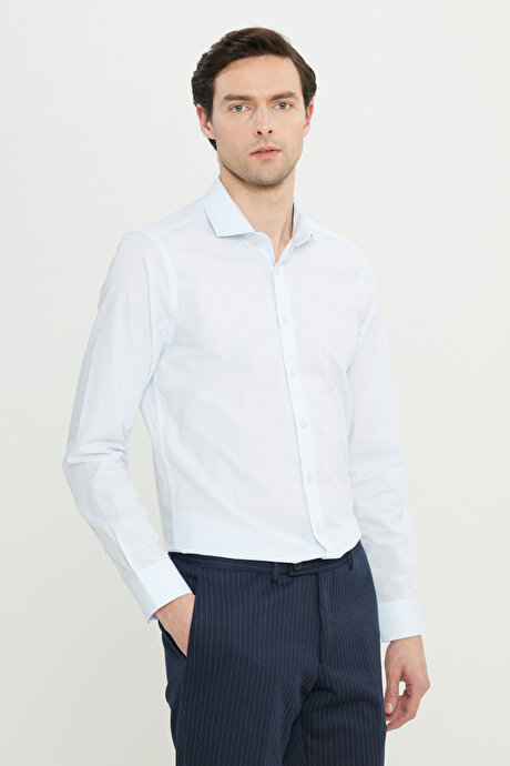 Flamlı Slim Fit Dar Kesim Düğmeli Yaka Mavi Gömlek resmi