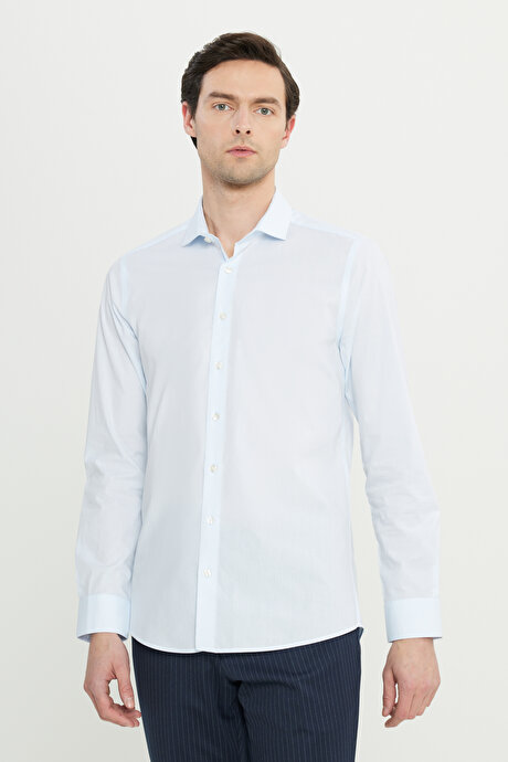 Flamlı Slim Fit Dar Kesim Düğmeli Yaka Mavi Gömlek resmi