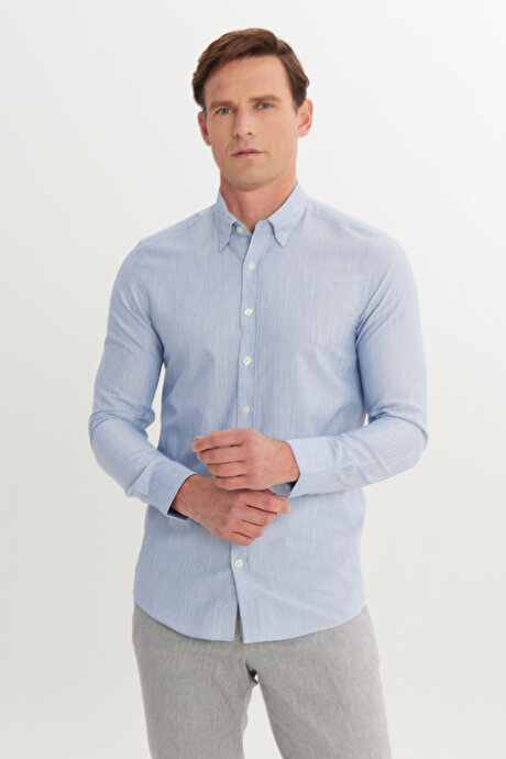 Pamuklu Comfort Fit Rahat Kesim Gizli Düğmeli Yaka Armürlü Mavi Gömlek resmi