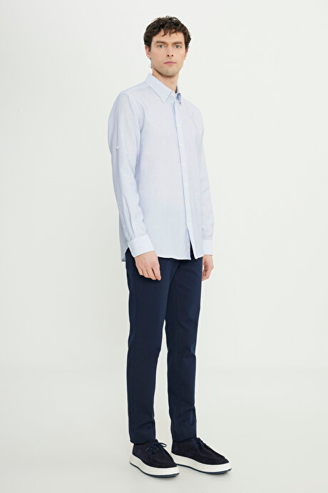 Pamuklu Comfort Fit Rahat Kesim Küçük İtalyan Yaka Armürlü Mavi Gömlek resmi