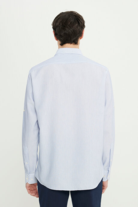 Pamuklu Comfort Fit Rahat Kesim Küçük İtalyan Yaka Armürlü Mavi Gömlek resmi