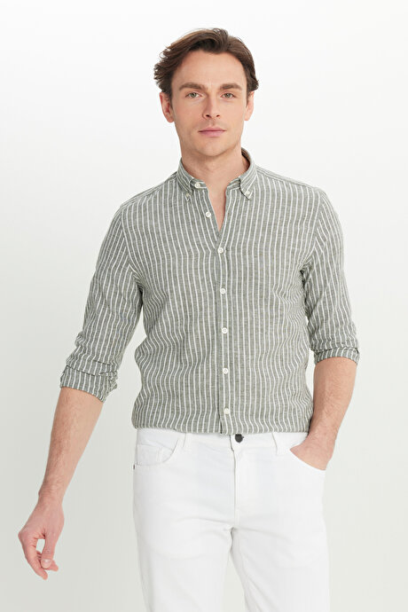 Keten Slim Fit Dar Kesim Düğmeli Yaka Çizgili Haki Gömlek resmi