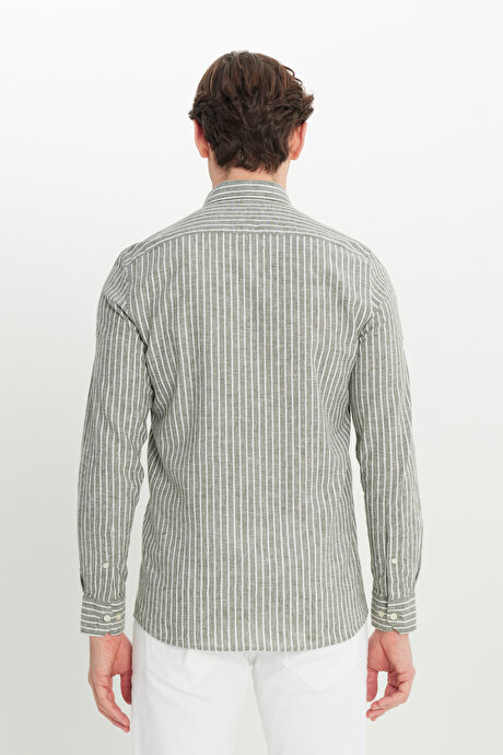 Keten Slim Fit Dar Kesim Düğmeli Yaka Çizgili Haki Gömlek resmi