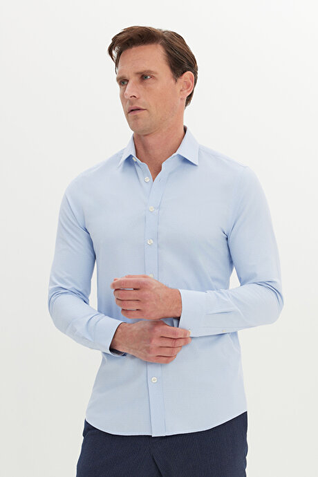 Pamuklu Slim Fit Dar Kesim Klasik Yaka Armürlü Mavi Gömlek resmi