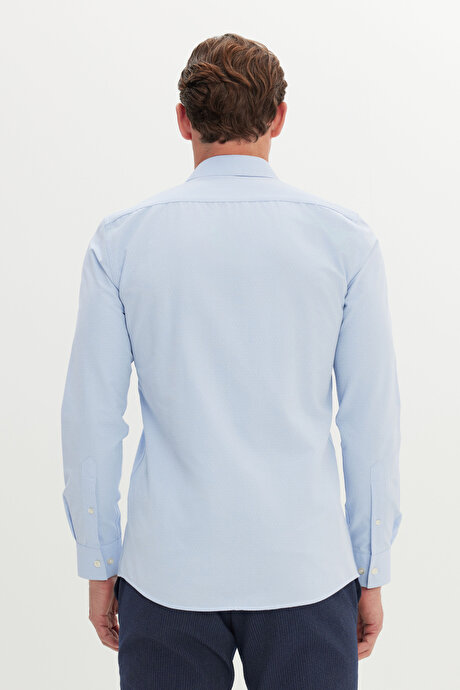 Pamuklu Slim Fit Dar Kesim Klasik Yaka Armürlü Mavi Gömlek resmi
