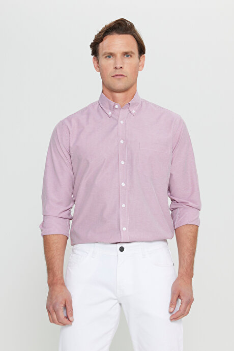 Pamuklu Regular Fit Normal Kesim Düğmeli Yaka Cepli Çizgili Beyaz-Bordo Gömlek resmi