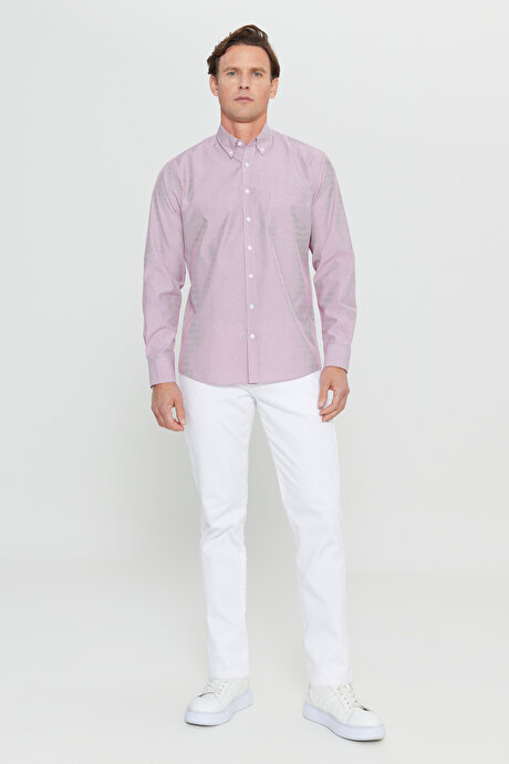 Pamuklu Regular Fit Normal Kesim Düğmeli Yaka Cepli Çizgili Beyaz-Bordo Gömlek resmi