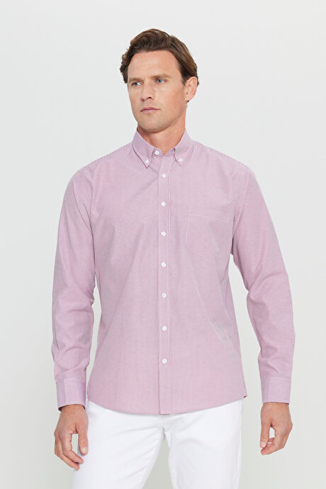 Pamuklu Regular Fit Normal Kesim Düğmeli Yaka Cepli Çizgili Beyaz-Bordo Gömlek resmi