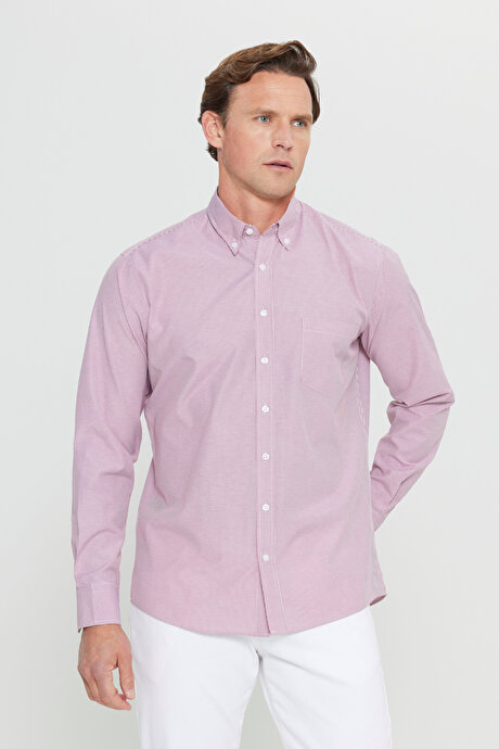 Pamuklu Regular Fit Normal Kesim Düğmeli Yaka Cepli Çizgili Beyaz-Bordo Gömlek resmi