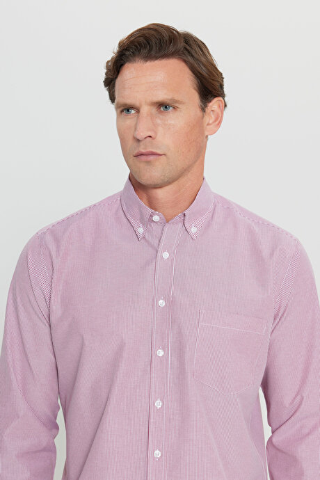 Pamuklu Regular Fit Normal Kesim Düğmeli Yaka Cepli Çizgili Beyaz-Bordo Gömlek resmi