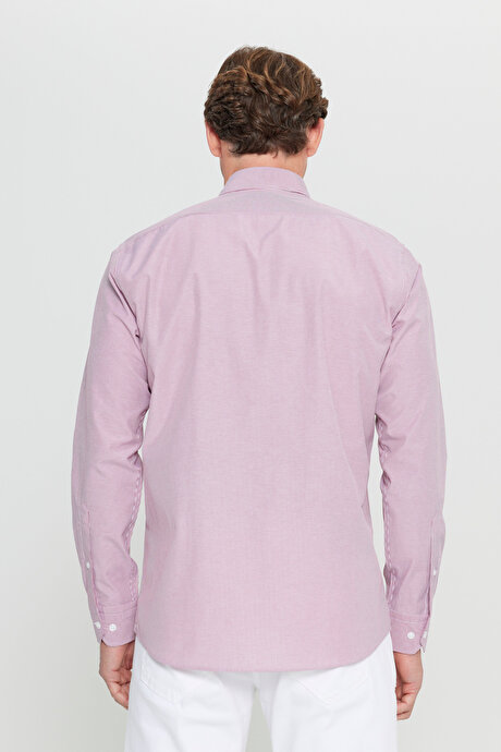 Pamuklu Regular Fit Normal Kesim Düğmeli Yaka Cepli Çizgili Beyaz-Bordo Gömlek resmi