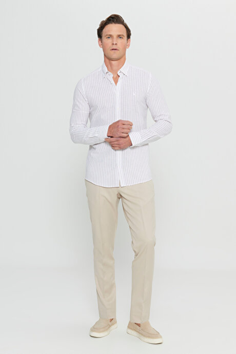 Keten Comfort Fit Rahat Kesim Gizli Düğmeli Yaka Çizgili Travel Beyaz-Bej Gömlek resmi