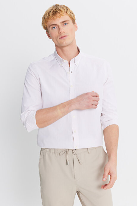 %100 Pamuk Oxford Slim Fit Dar Kesim Düğmeli Yaka Çizgili Bej Gömlek resmi