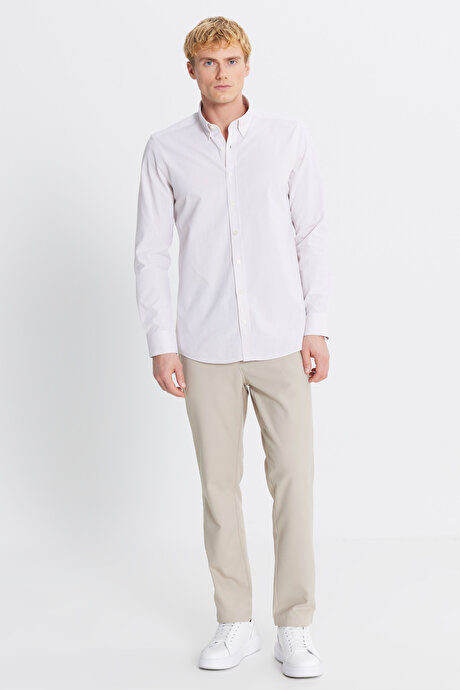 %100 Pamuk Oxford Slim Fit Dar Kesim Düğmeli Yaka Çizgili Bej Gömlek resmi