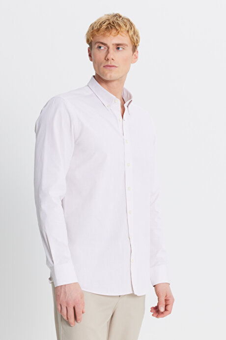 %100 Pamuk Oxford Slim Fit Dar Kesim Düğmeli Yaka Çizgili Bej Gömlek resmi