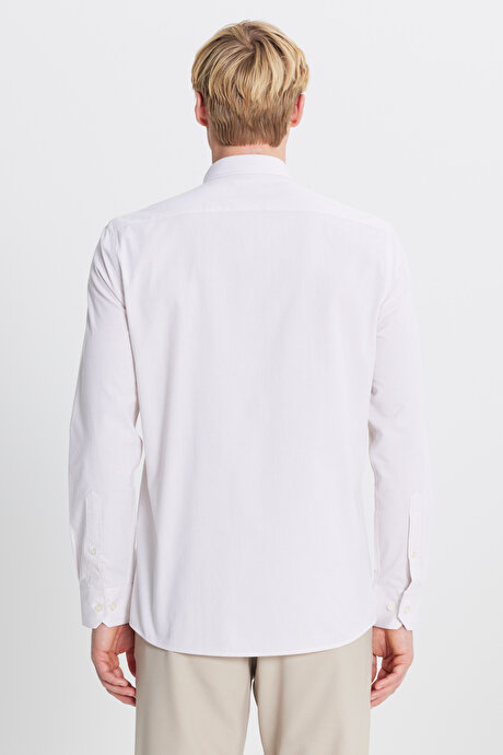 %100 Pamuk Oxford Slim Fit Dar Kesim Düğmeli Yaka Çizgili Bej Gömlek resmi