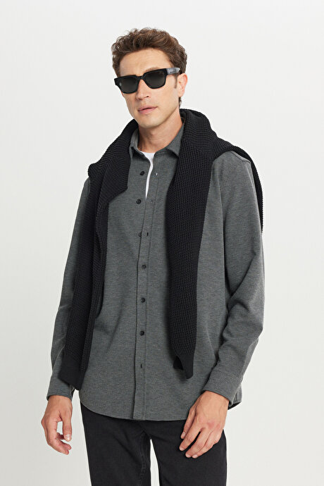 360 Her Yöne Esneyen Pamuklu Comfort Fit Klasik Yaka Diagonal Desenli Örme Antrasit Gömlek resmi