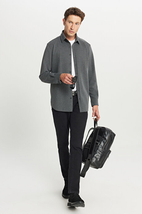 360 Her Yöne Esneyen Pamuklu Comfort Fit Klasik Yaka Diagonal Desenli Örme Antrasit Gömlek resmi