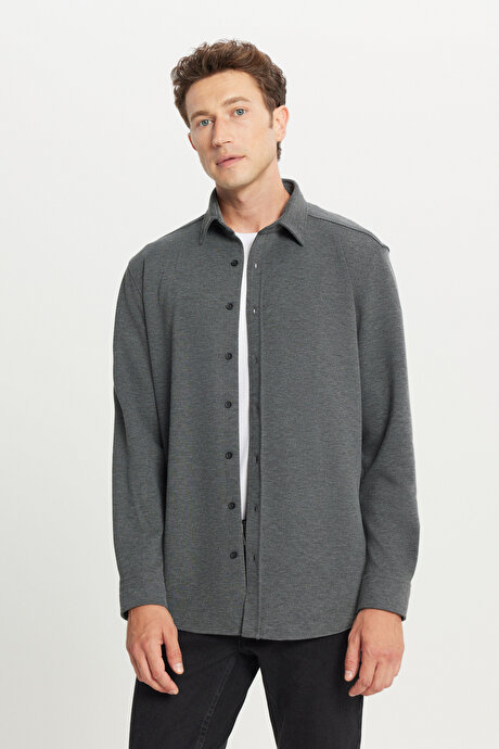 360 Her Yöne Esneyen Pamuklu Comfort Fit Klasik Yaka Diagonal Desenli Örme Antrasit Gömlek resmi