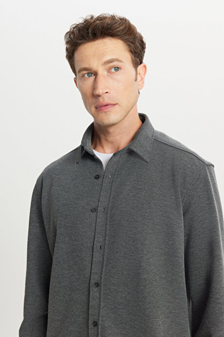 360 Her Yöne Esneyen Pamuklu Comfort Fit Klasik Yaka Diagonal Desenli Örme Antrasit Gömlek resmi