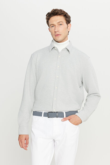 360 Her Yöne Esneyen Pamuklu Comfort Fit Klasik Yaka Diagonal Desenli Örme Gri Gömlek resmi
