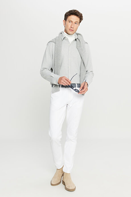 360 Her Yöne Esneyen Pamuklu Comfort Fit Klasik Yaka Diagonal Desenli Örme Gri Gömlek resmi