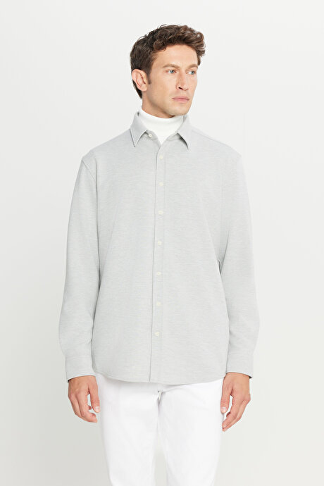 360 Her Yöne Esneyen Pamuklu Comfort Fit Klasik Yaka Diagonal Desenli Örme Gri Gömlek resmi