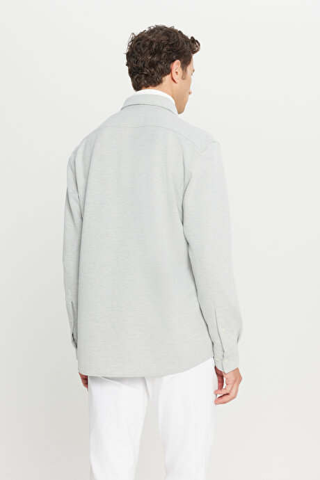 360 Her Yöne Esneyen Pamuklu Comfort Fit Klasik Yaka Diagonal Desenli Örme Gri Gömlek resmi