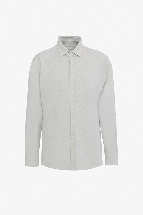 360 Her Yöne Esneyen Pamuklu Comfort Fit Klasik Yaka Diagonal Desenli Örme Gri Gömlek resmi