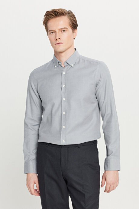 %100 Pamuk Slim Fit Dar Kesim Düğmeli Yaka Diagonal Desenli Gri Gömlek resmi