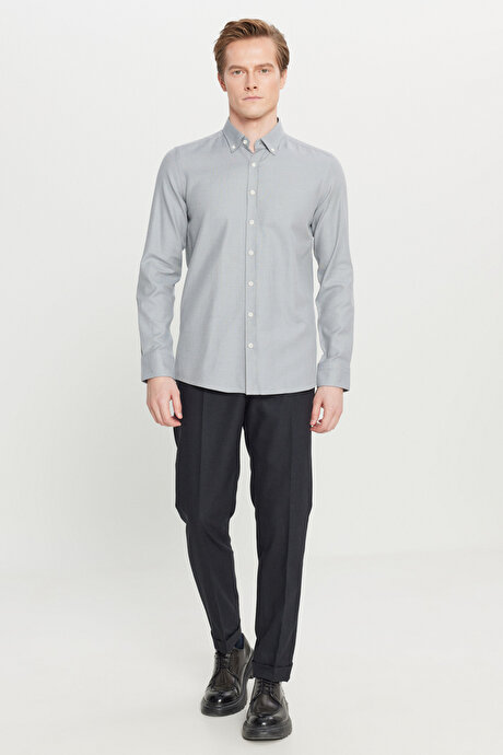 %100 Pamuk Slim Fit Dar Kesim Düğmeli Yaka Diagonal Desenli Gri Gömlek resmi