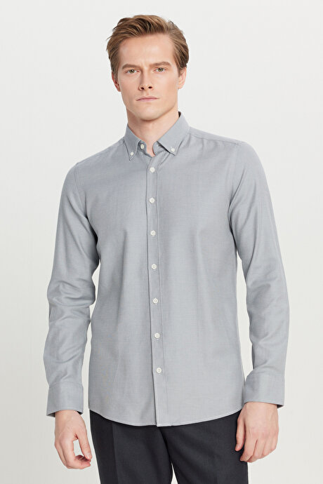 %100 Pamuk Slim Fit Dar Kesim Düğmeli Yaka Diagonal Desenli Gri Gömlek resmi
