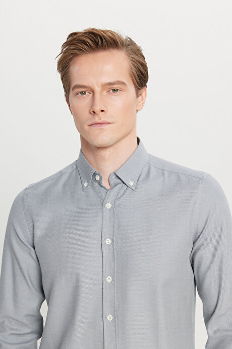 %100 Pamuk Slim Fit Dar Kesim Düğmeli Yaka Diagonal Desenli Gri Gömlek resmi